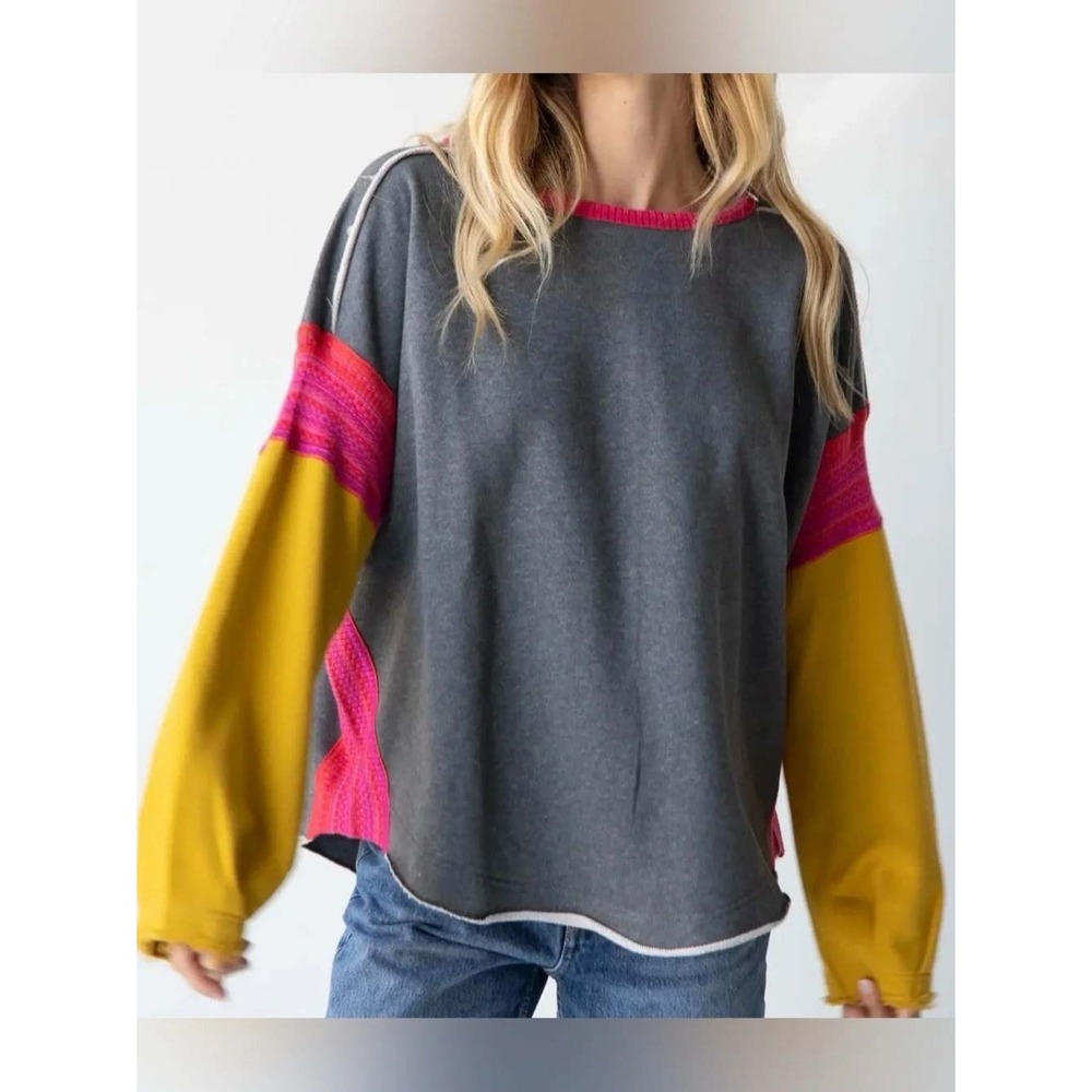 Natural Life Womens Colorblock Raw Edge Grey Oversized Sweatshirt S/M Boho